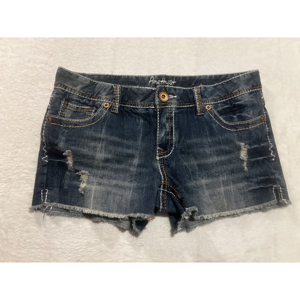 Amethyst‎ Y2K Women's 13 Jean Shorts Cut Offs Distressed Blue Flap pocket
